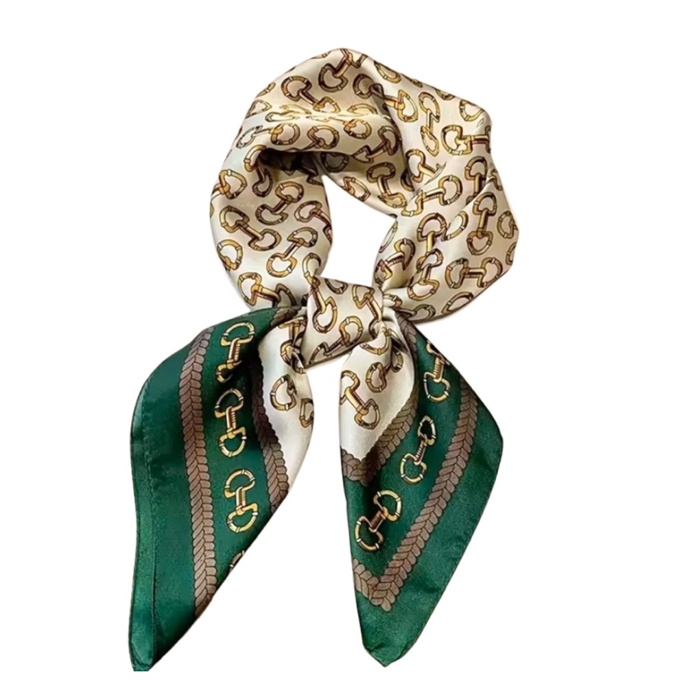 2/$30 Buckle Square Neck Headband Wrap Scarf Soft Silky Satin Green Gold Cream - Picture 1 of 6